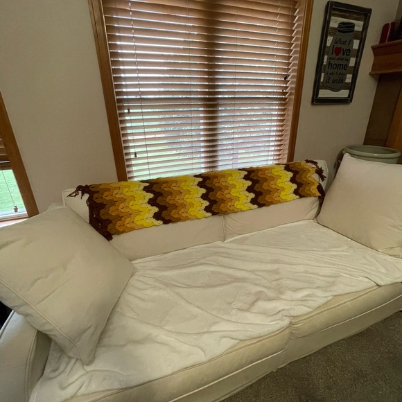 Vintage Handmade Knitted Throw Blanket Chevron Golds Yellows Browns Grannycore - Picture 4 of 5